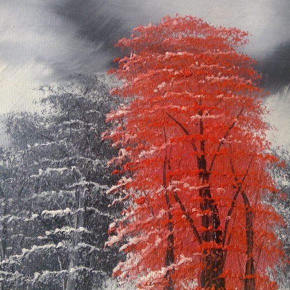 Oil Acrylic "Landscape of Trees" on Canvas Painting Shades of Gray and Red - Picture 7 of 15